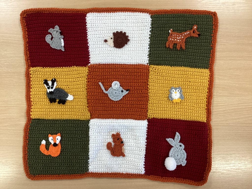 Hand Crochet Babies Forest Animals Blanket in Autumn Colours 21" x 21"