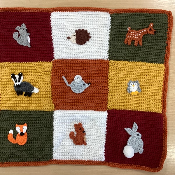 Hand Crochet Babies Forest Animals Blanket in Autumn Colours 21" x 21"