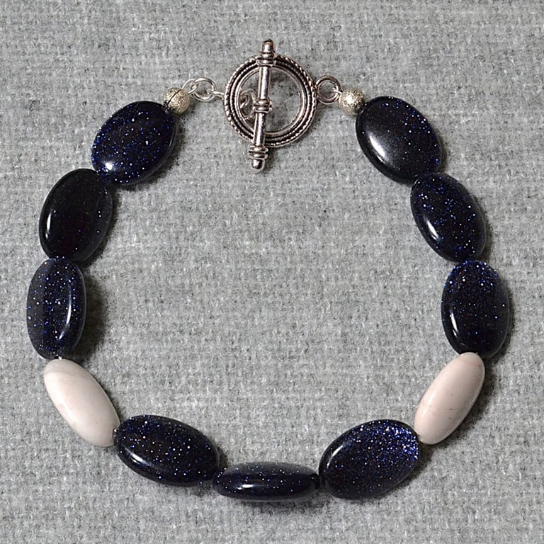 Blue Goldstone and White Stone Ovals Bracelet