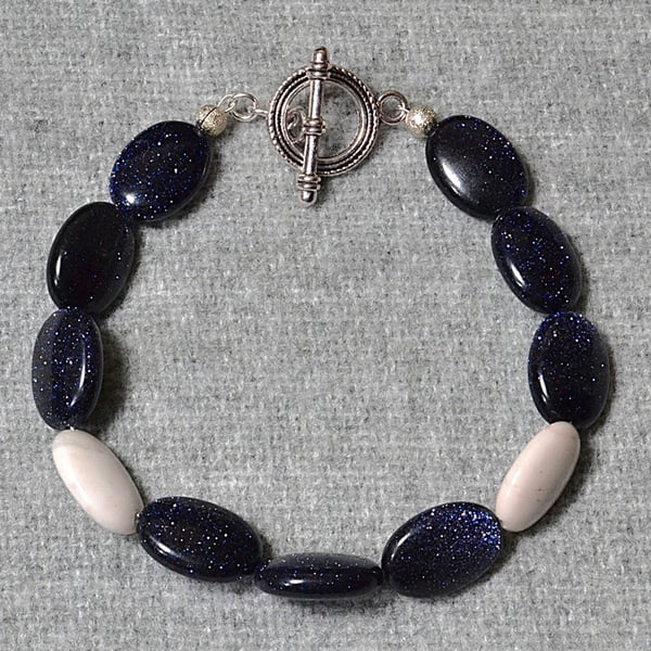 Blue Goldstone and White Stone Ovals Bracelet