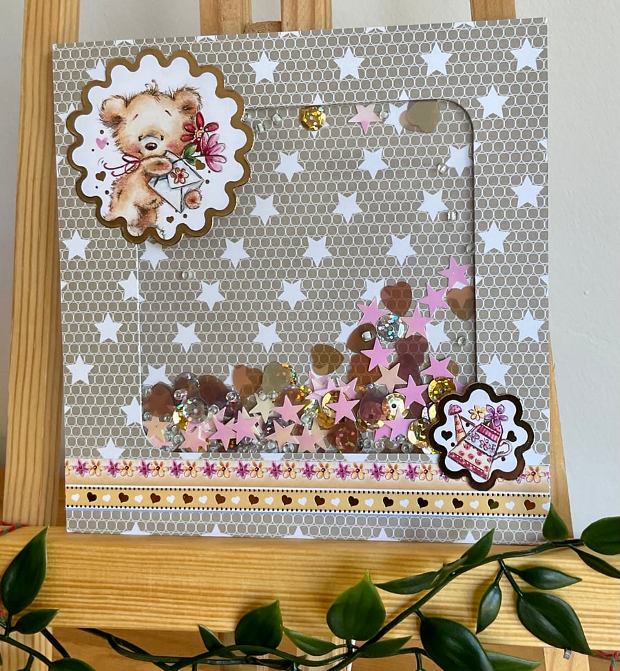 Card. Teddy bear shaker card.for child’s birthday or other occasion. 