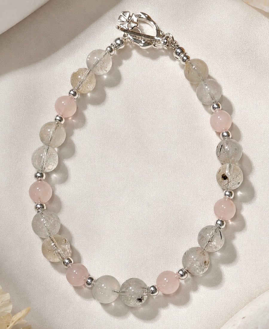 Herkimer Diamond and Rose Quartz Sterling silver Bracelet 