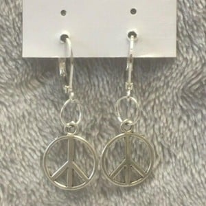 silver plated leverback earrings with peace sign  silver charm