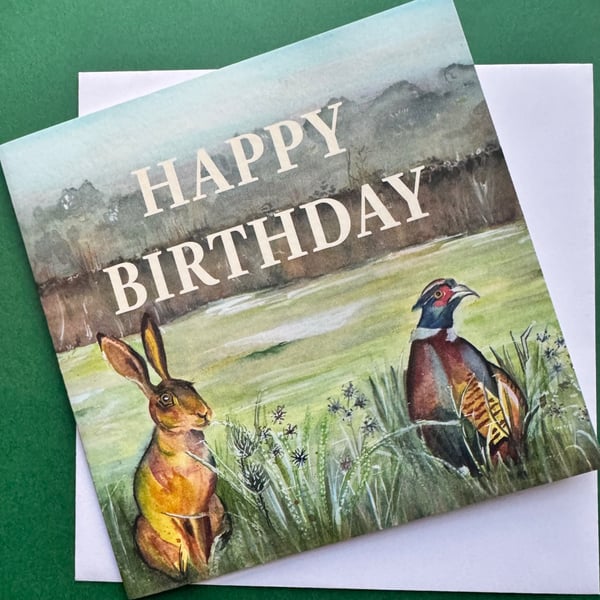 Card 'Happy Birthday'  pheasant and Hare