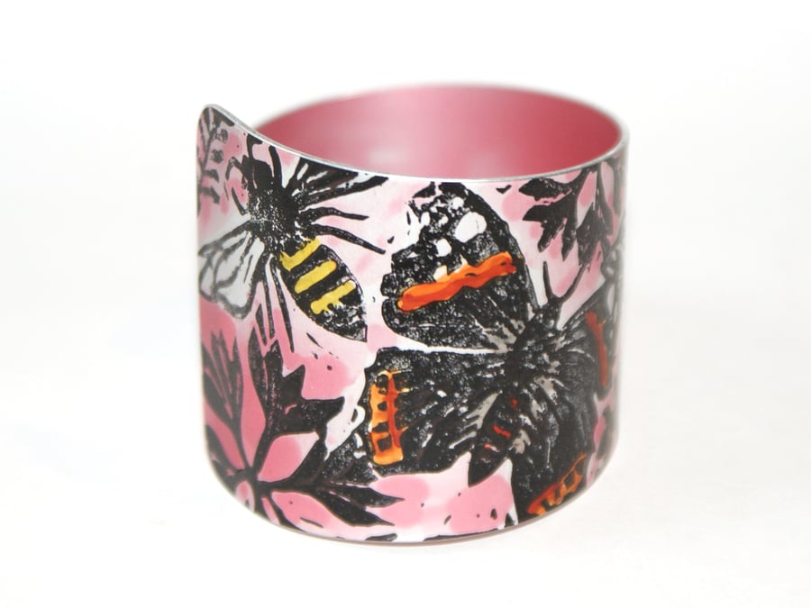 Hand printed butterfly and bee cuff red