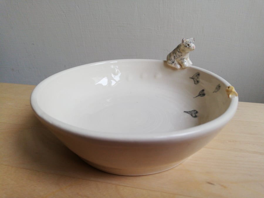 Handmade ceramic cat bowl with tiny tabby cat footprints & grey hearts pet gift 