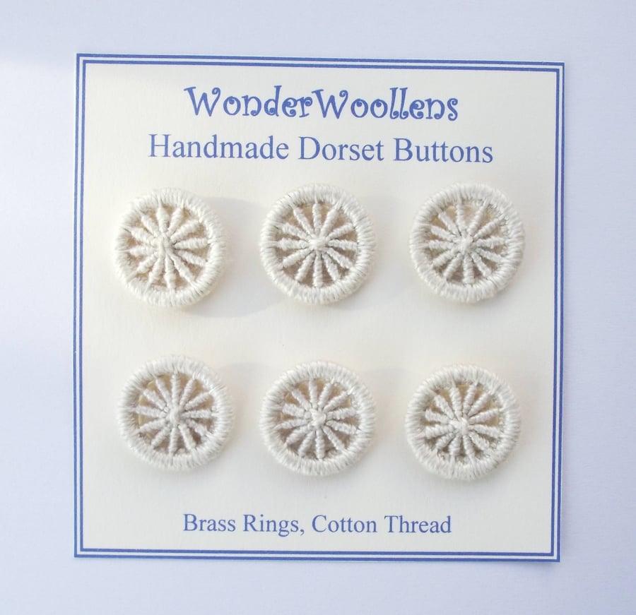 Dorset Buttons or Embellishments, Six x 2cm, Handmade, Off White Cotton thread 