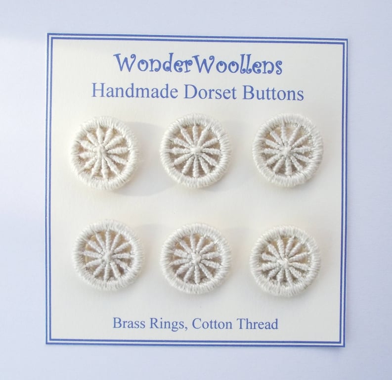 Dorset Buttons or Embellishments, Six x 2cm, Handmade, Off White Cotton thread 