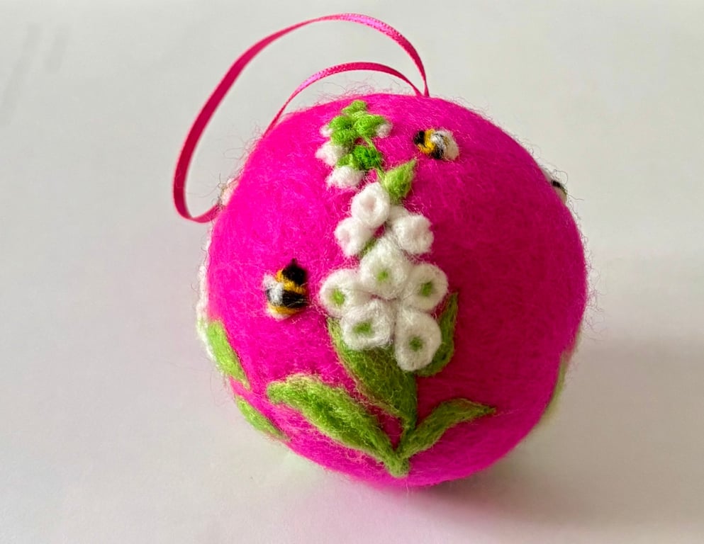 Handmade needlefelted Foxglove and bee bauble, 6cm diameter