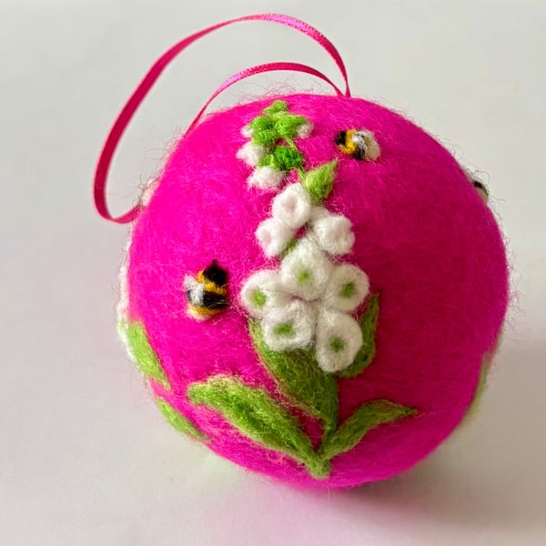 Handmade needlefelted Foxglove and bee bauble, 6cm diameter