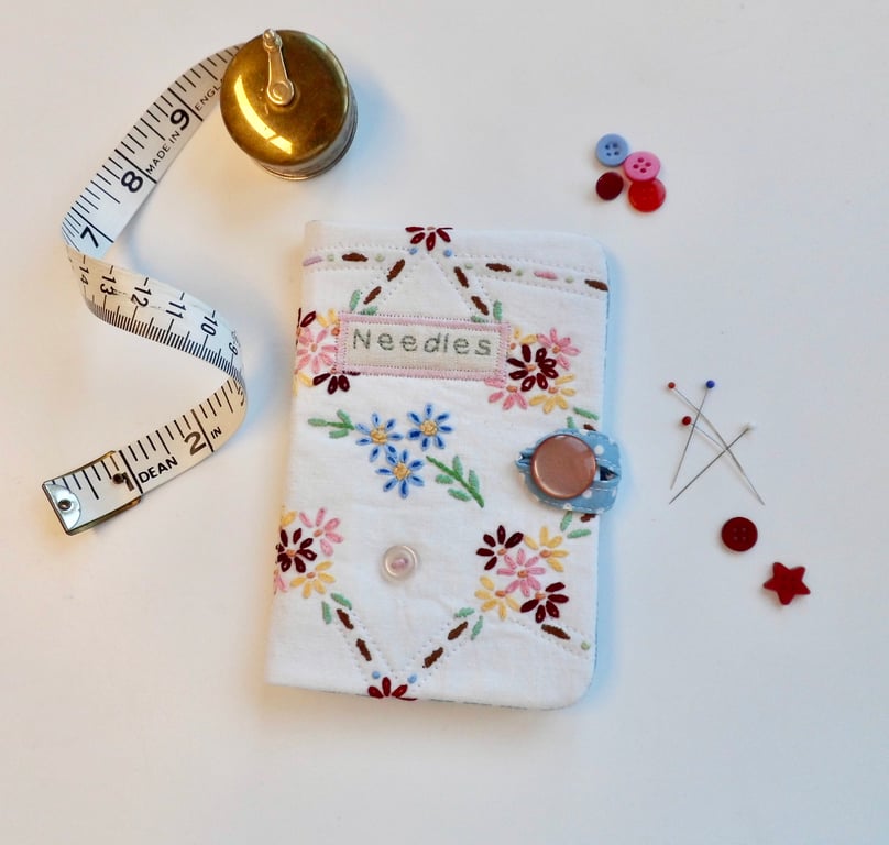 Sewing needle case reclaimed embroidery pink and blue