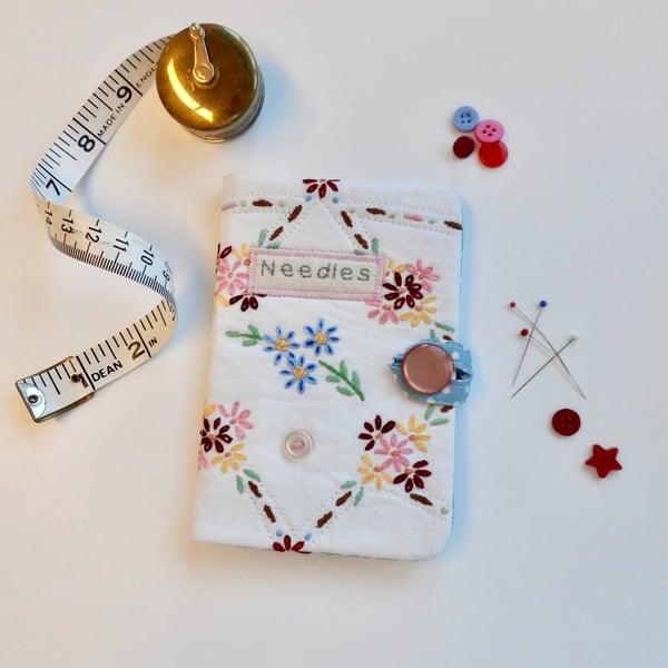 Sewing needle case reclaimed embroidery pink and blue