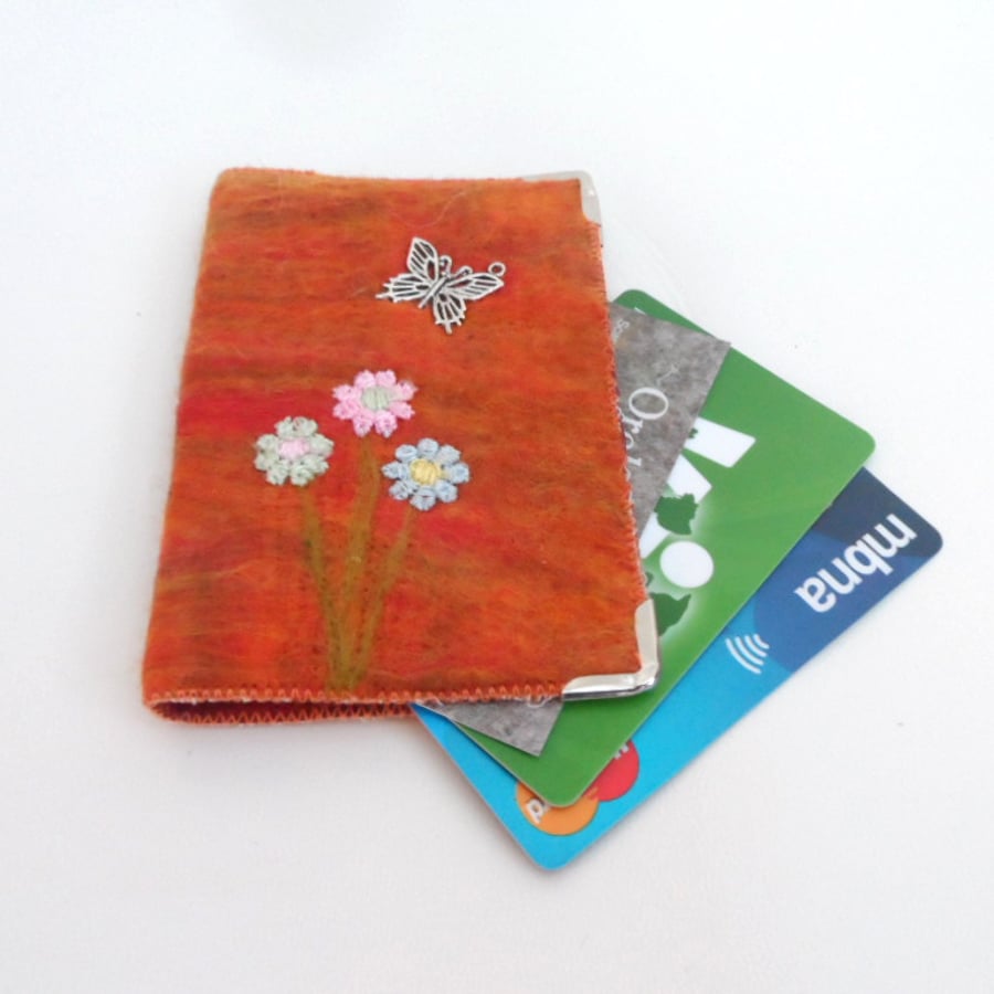Felted Card Wallet for Business cards, credit cards, ID, floral design 