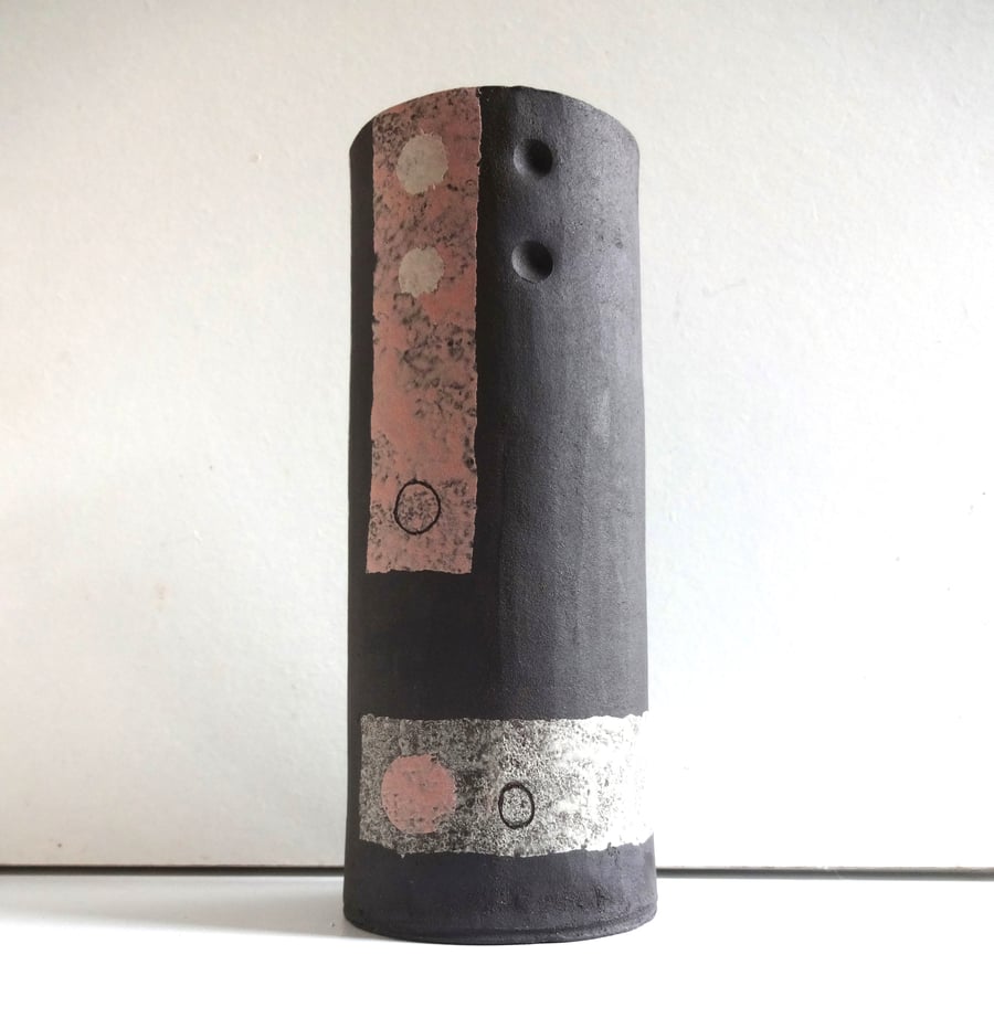 Ceramic vase, handmade and decorated with abstract shapes and texture. Art vase.