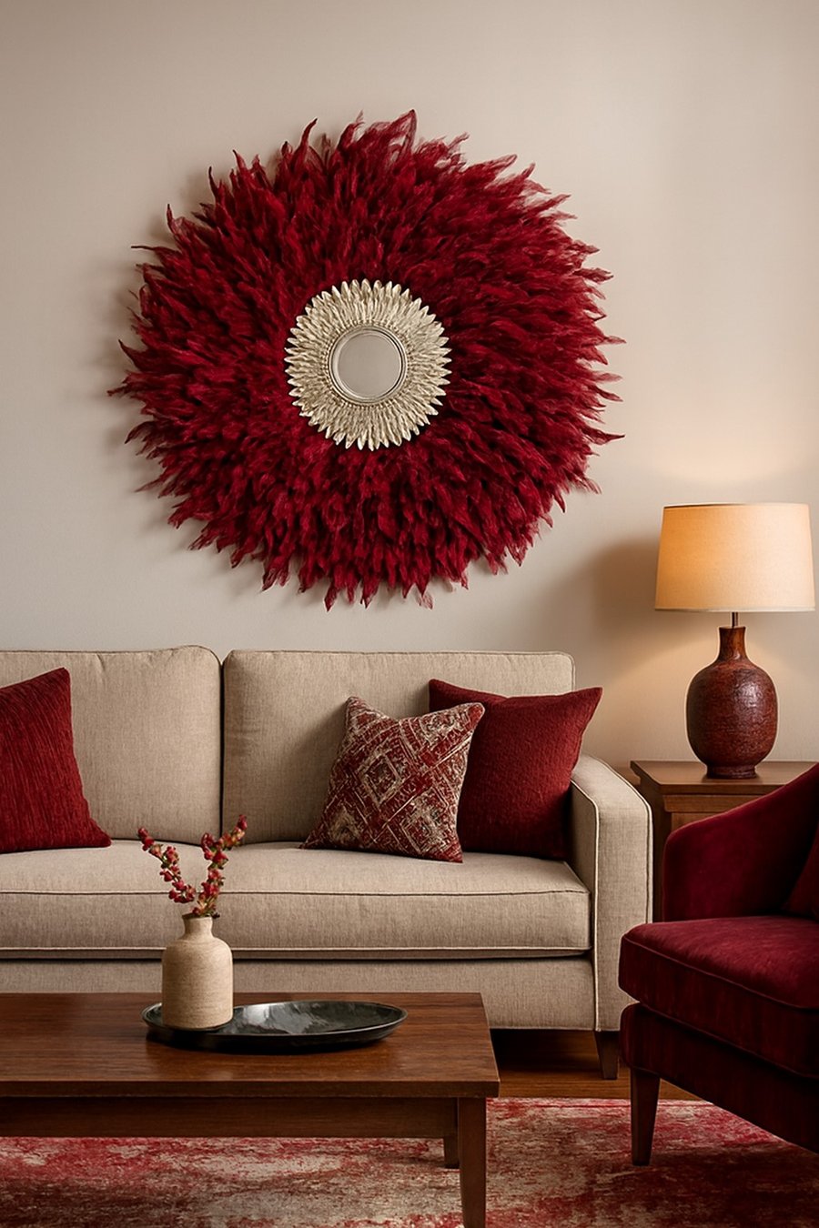 Cherry Red Feather Mirror - Handmade - One Of A Kind - Juju 