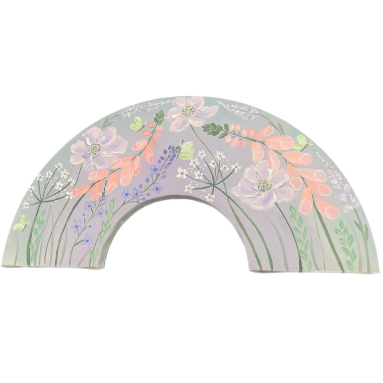 Hand Painted Floral Original art canvas on a rainbow arch shape approx 16”
