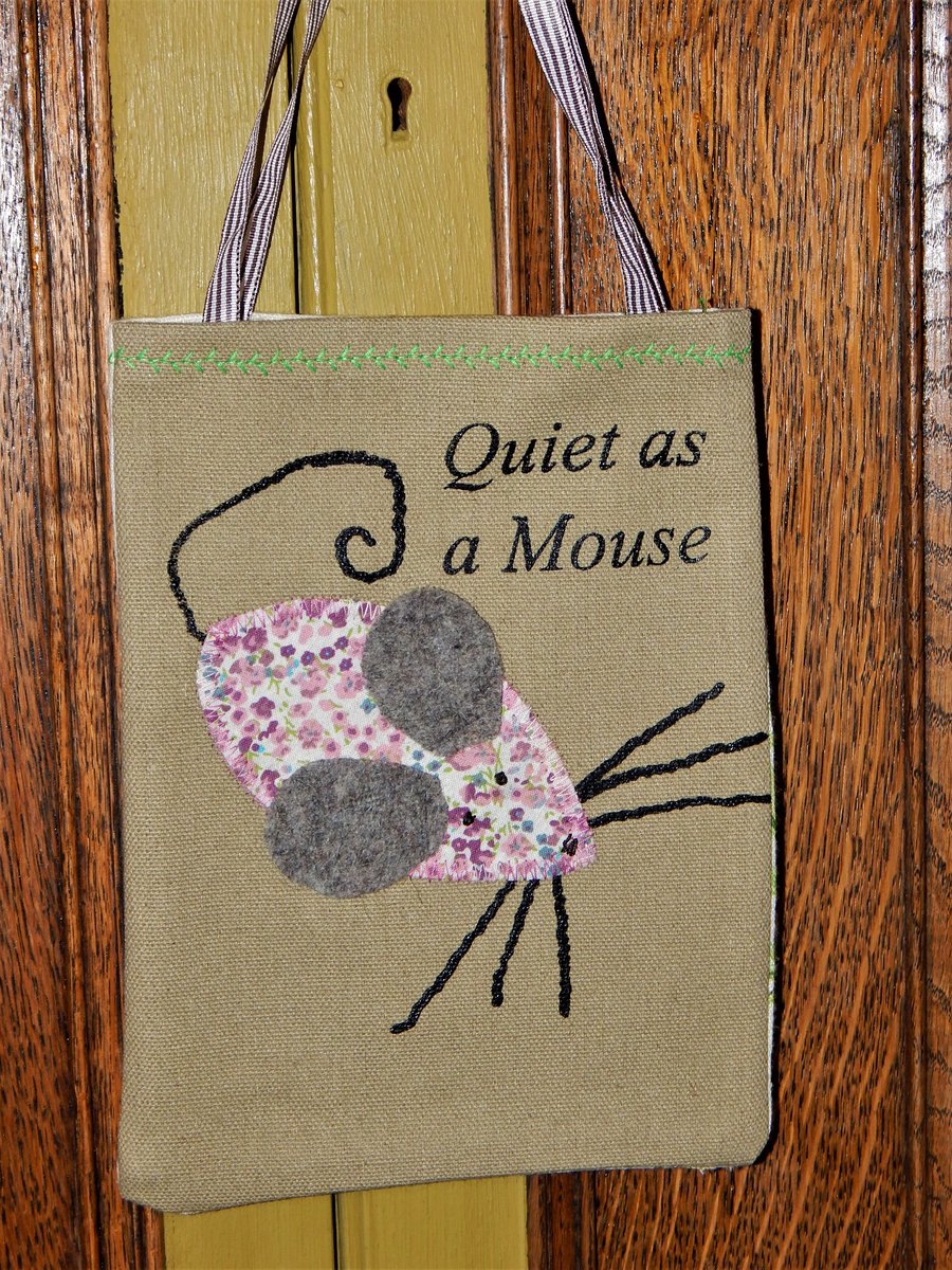 Small fabric bag with ribbon handles - Quiet as a Mouse - 17cm x 21cm
