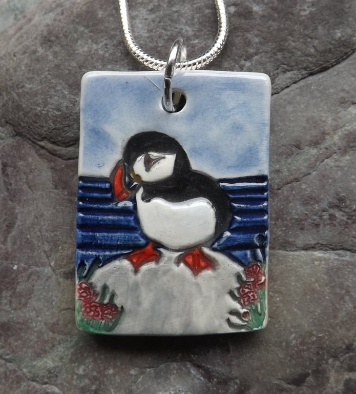 Handmade Ceramic Puffin Pendant in blue