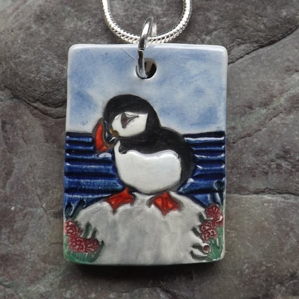 Handmade Ceramic Puffin Pendant in blue