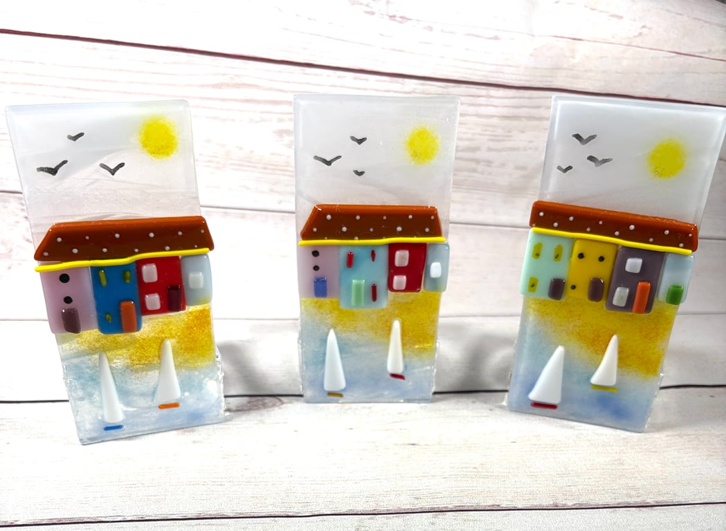 Cute coastal cottages - fused glass candle holder ornament 