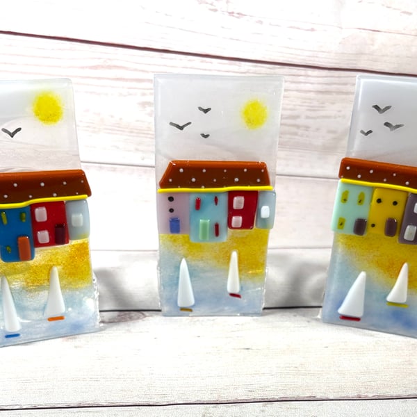 Cute coastal cottages - fused glass candle holder ornament 