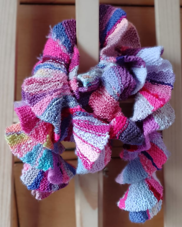 Pink, Ruffled, Knitted Scarf - One-of-a-Kind Scarf, Wearable Art