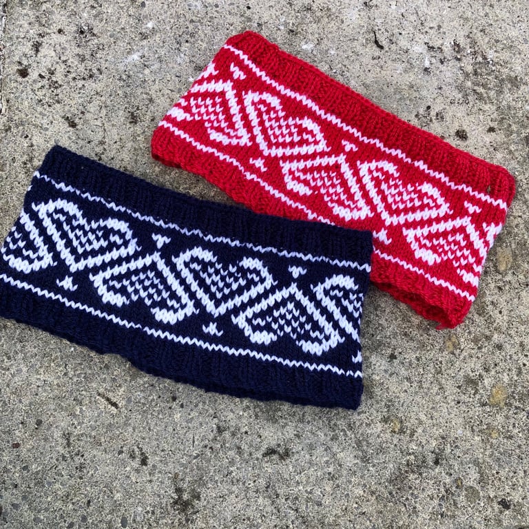 Hand knitted headband, featuring Scandinavian heart design. Fleece lined 