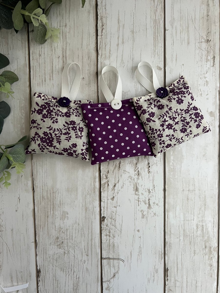 Lavender Sachets: Set of 3 in Purple Floral & Polka Dot Fabric, Handmade