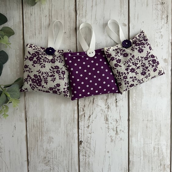 Lavender Sachets: Set of 3 in Purple Floral & Polka Dot Fabric, Handmade