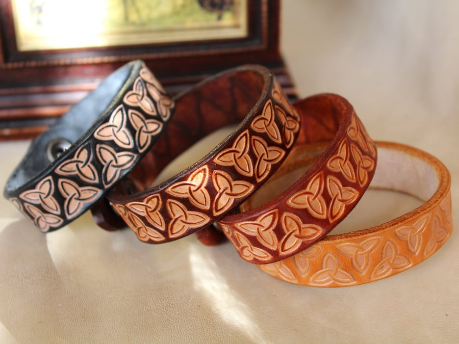 Embossed Leather Bracelet with Triquetra Pattern, Hand Tooled Leather Bracelet C