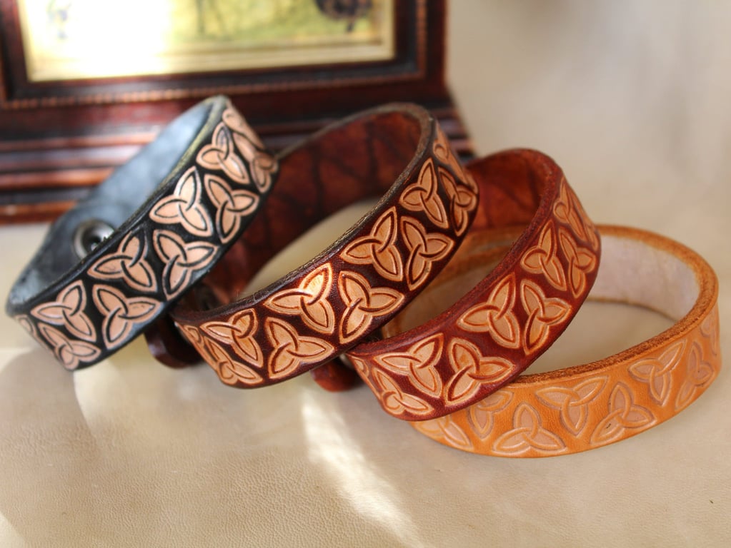 Embossed Leather Bracelet with Triquetra Pattern, Hand Tooled Leather Bracelet C