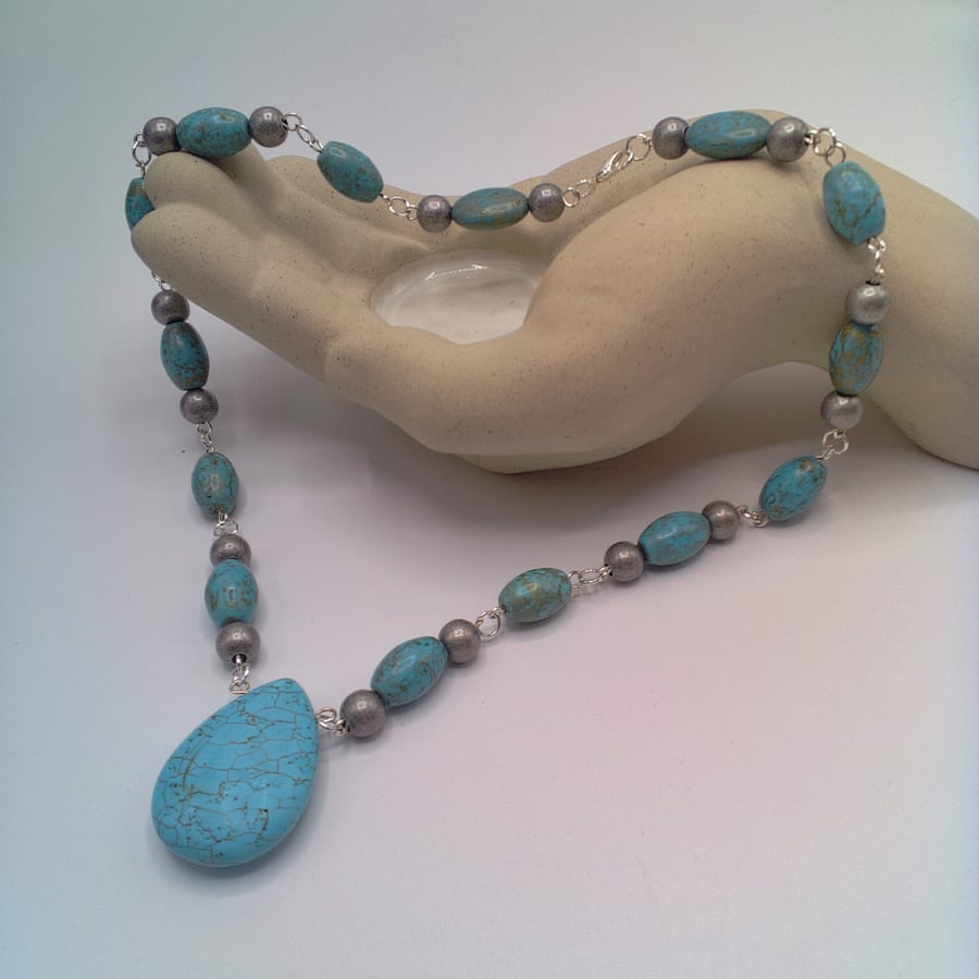 Turquoise and Metal Spacer Beaded Rosary Style Necklace, Gift for Her, Necklace