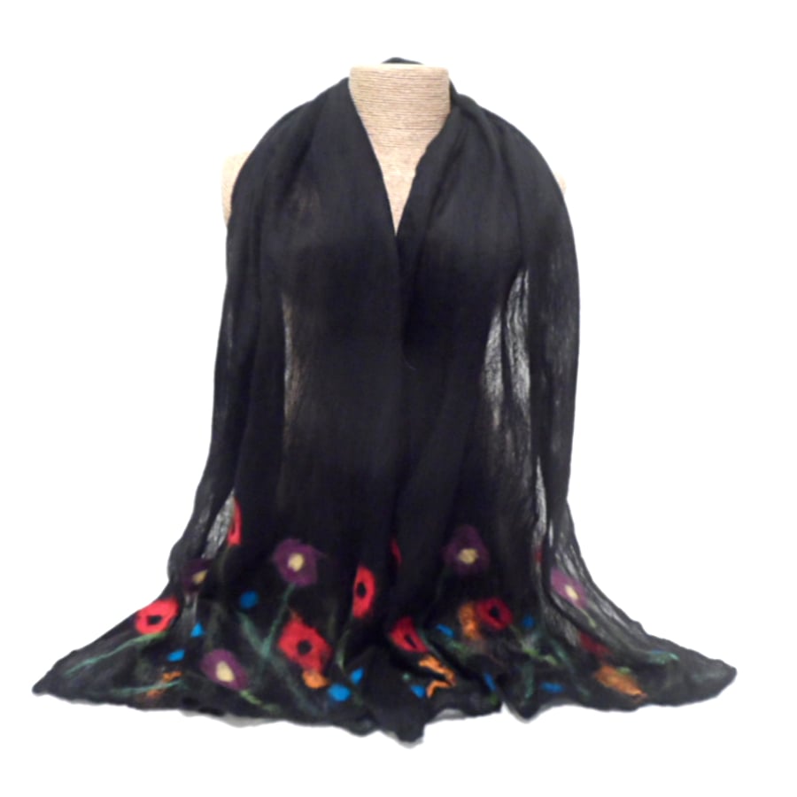 Black nuno felted floral scarf
