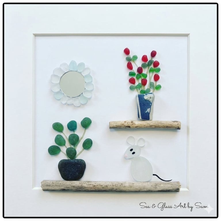 Handmade Sea Glass Mouse & Mirror Picture - Framed 8x8 Cosy Home Pebble Art