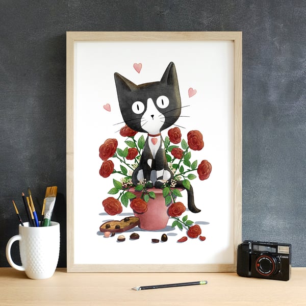 Valentine's Day Anniversary Black and White Cat Art Print