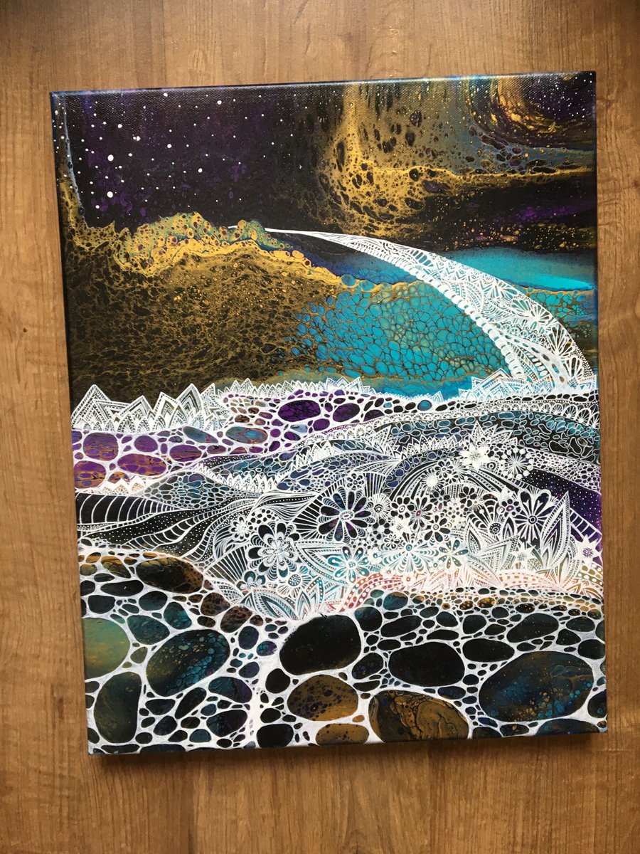 Original, embellished acrylic pour painting on 40cmx50cm canvas