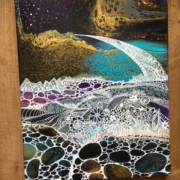 Original, embellished acrylic pour painting on 40cmx50cm canvas