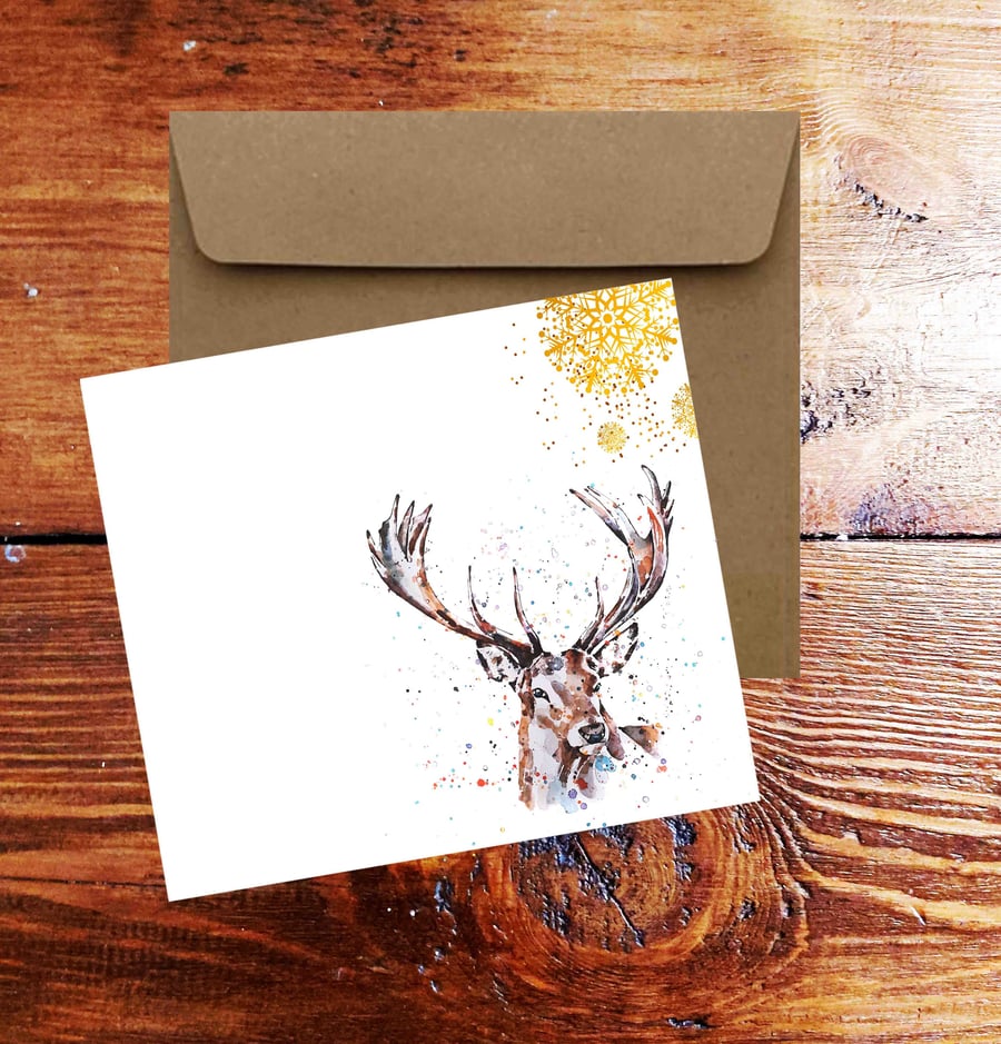 Stag Watercolour Art Square Christmas Card(s) Single Pack of 6.Stag Watercolour 