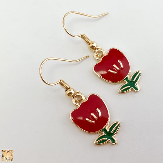 Red and Gold Enamel Tulip Earrings