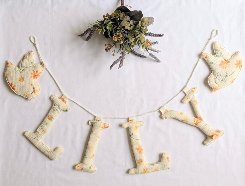 Personalised Floral Name Garland - Fabric Dove Nursery Decor - Muslin Baby Gift