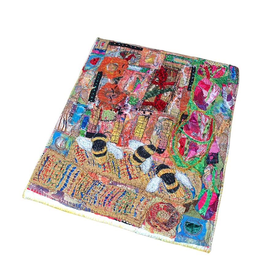 Bees - wall hanging - fibre art collage - eco gift - fabric art - ready to hang