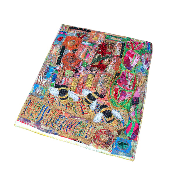 Bees - wall hanging - fibre art collage - eco gift - fabric art - ready to hang