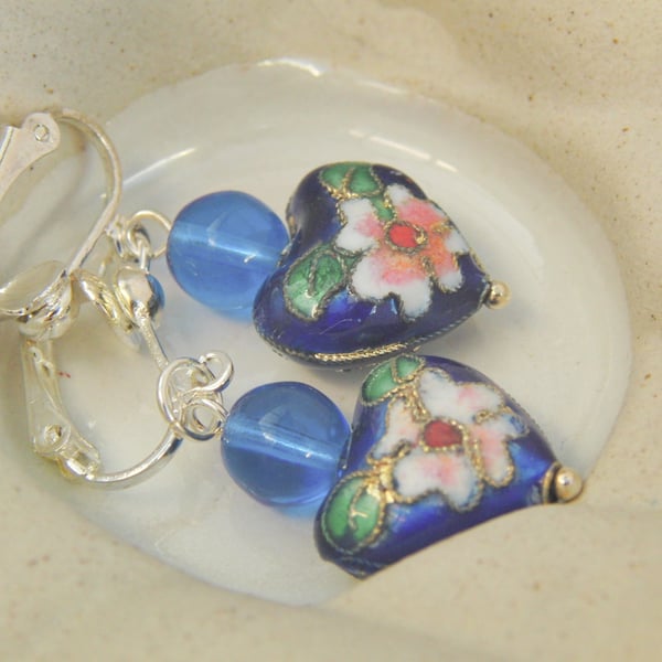Cobalt Blue Heart Shaped Cloisonne Bead and Glass Bead Earrings for Pierced Ears