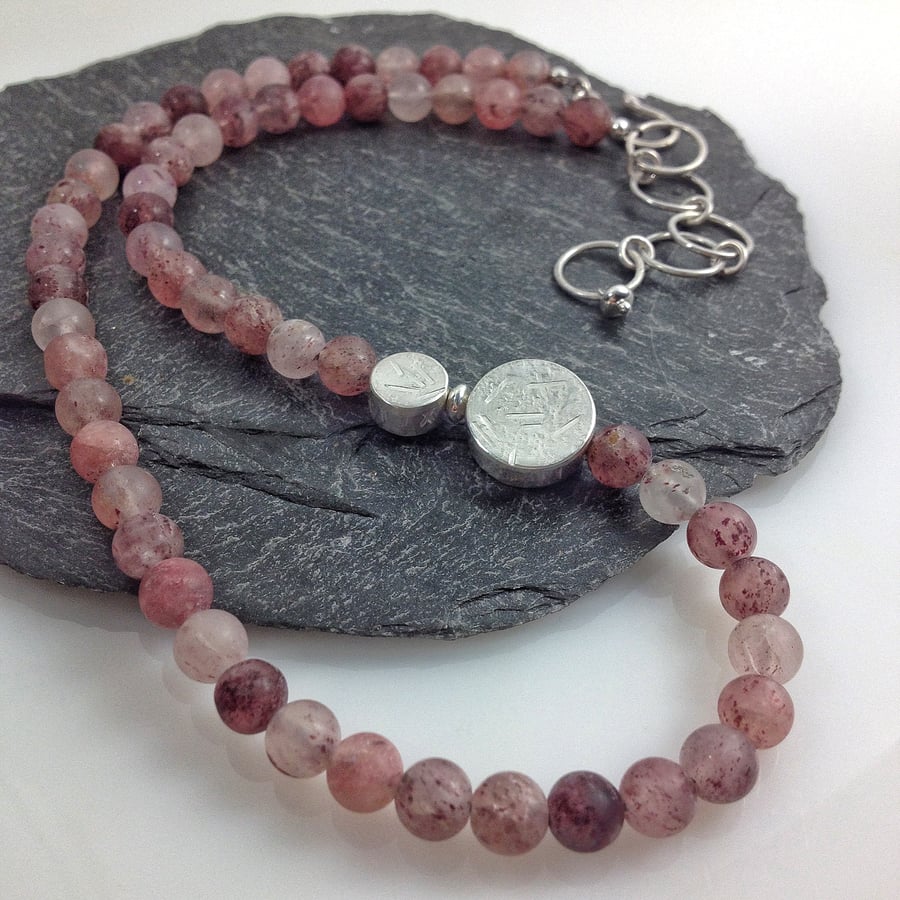 Silver and strawberry quartz necklace with handmade beads.