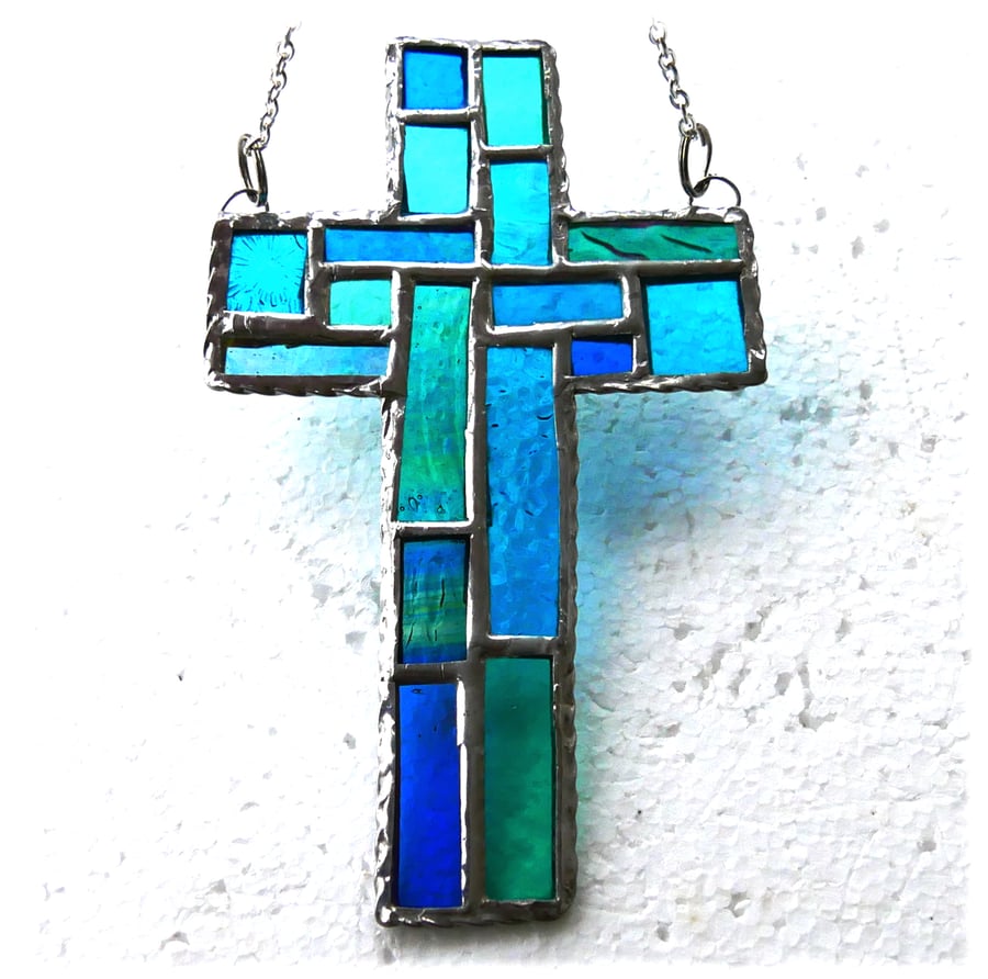 Cross Suncatcher Stained Glass Patchwork Teal Handmade 072