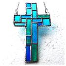Cross Suncatcher Stained Glass Patchwork Teal Handmade 072