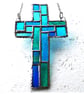 Cross Suncatcher Stained Glass Patchwork Teal Handmade 072 - Image 1