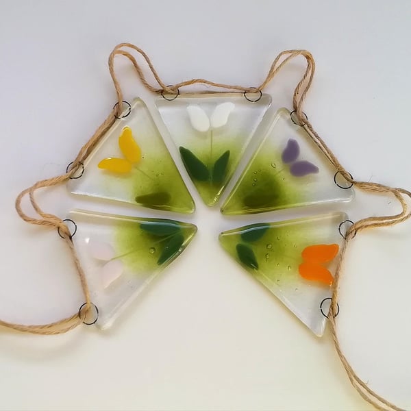 Fused Glass Tulip Bunting: Colorful Garden Patio Decoration