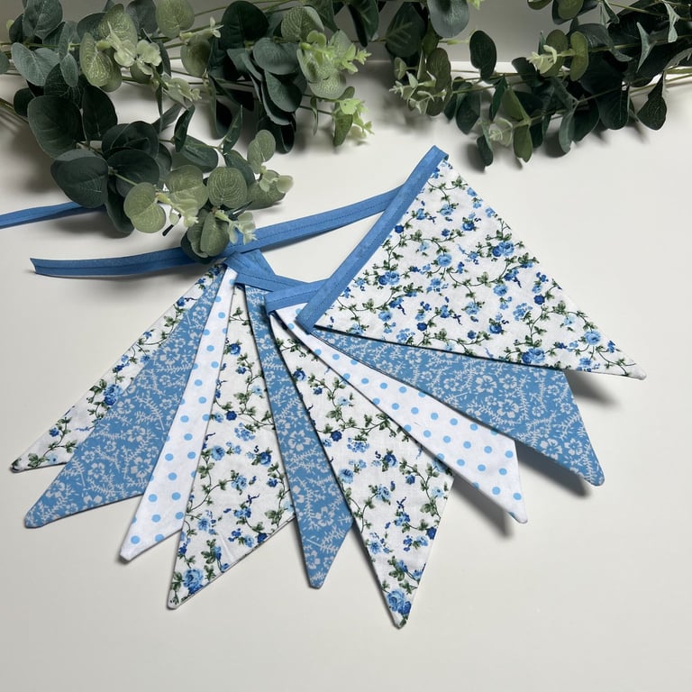 Handmade Fabric Bunting 9 Flags in a Blue Dots & Florals Design