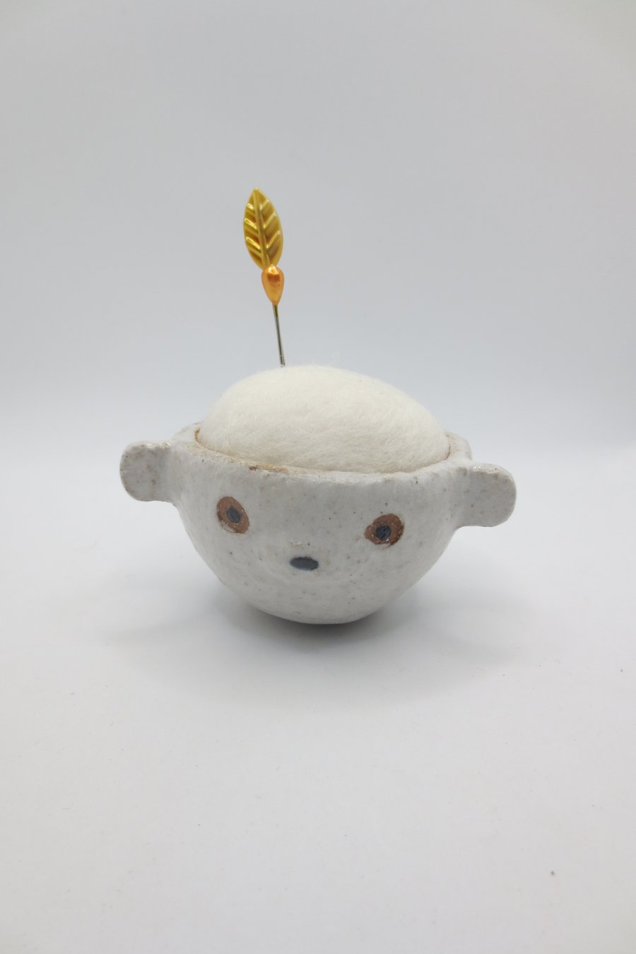 Handmade pottery polar bear pot with felt pin cushion